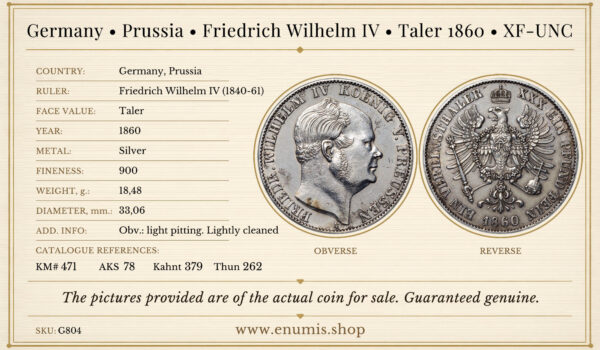 Germany, Prussia, Friedrich Wilhelm IV, Taler 1860, XF‑UNC