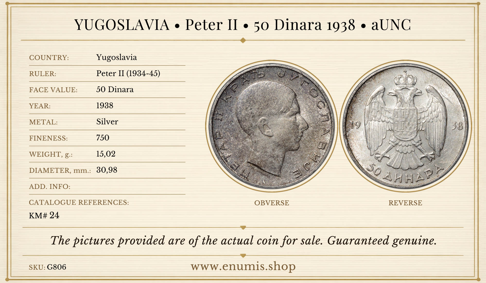 YUGOSLAVIA, Peter II, 50 Dinara 1938, aUNC