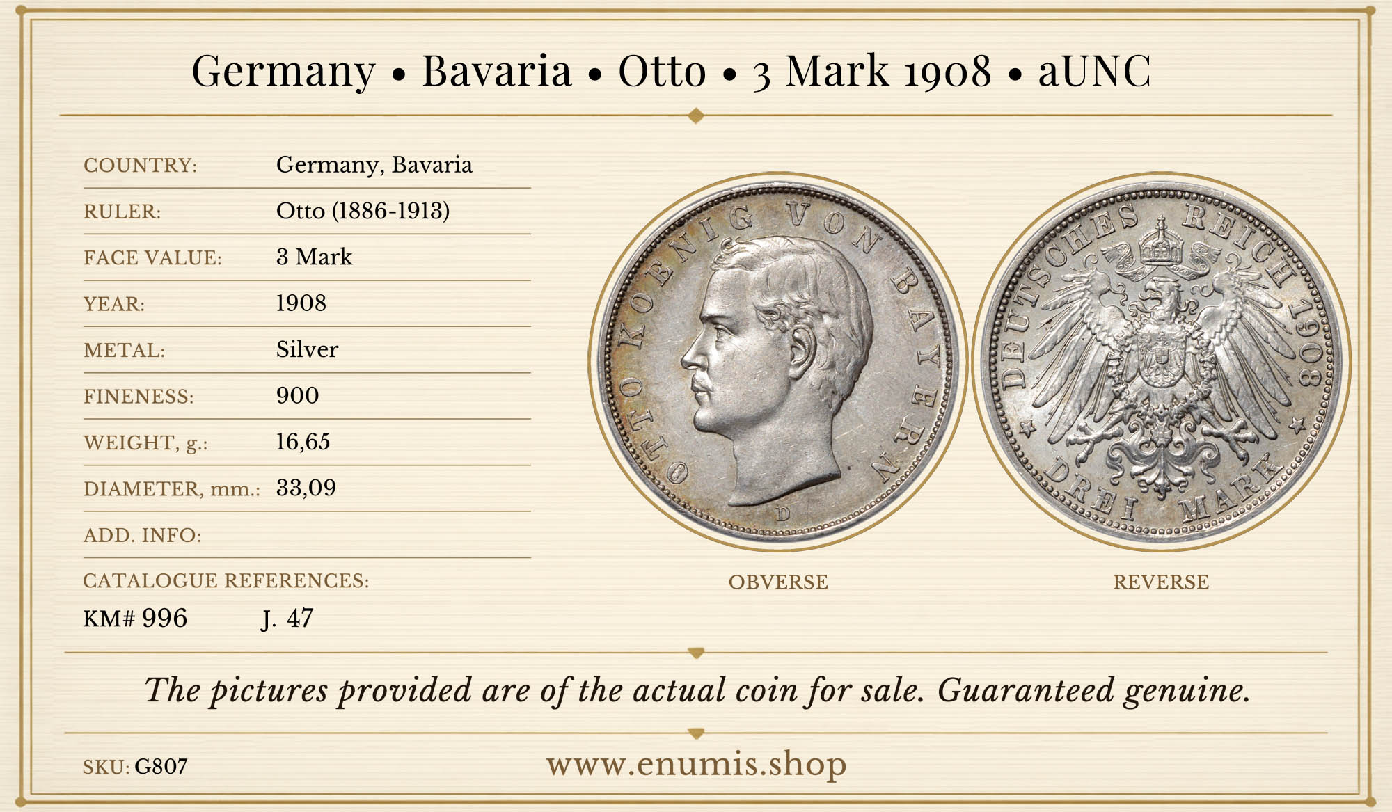 Germany, Bavaria, Otto, 3 Mark 1908, aUNC