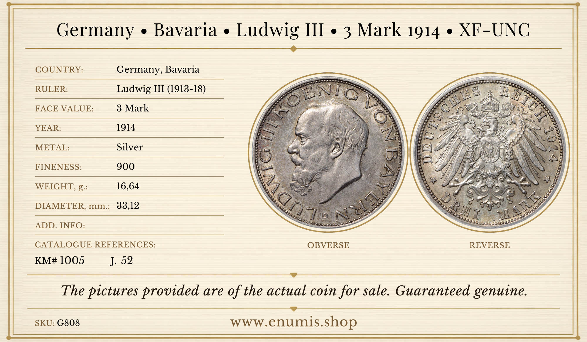 Germany, Bavaria, Ludwig III, 3 Mark 1914, XF-UNC