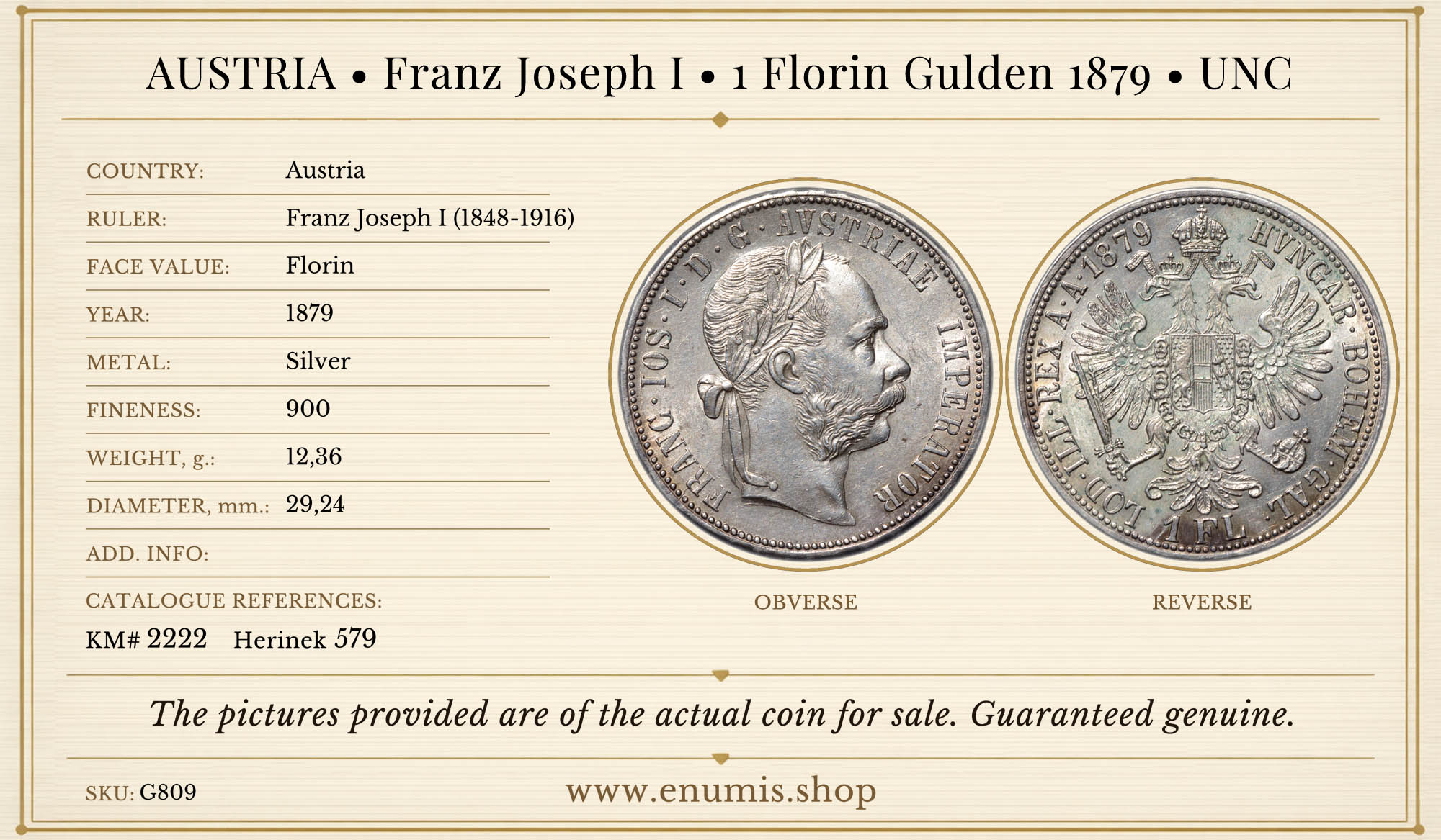 AUSTRIA, Franz Joseph I, 1 Florin Gulden 1879, UNC