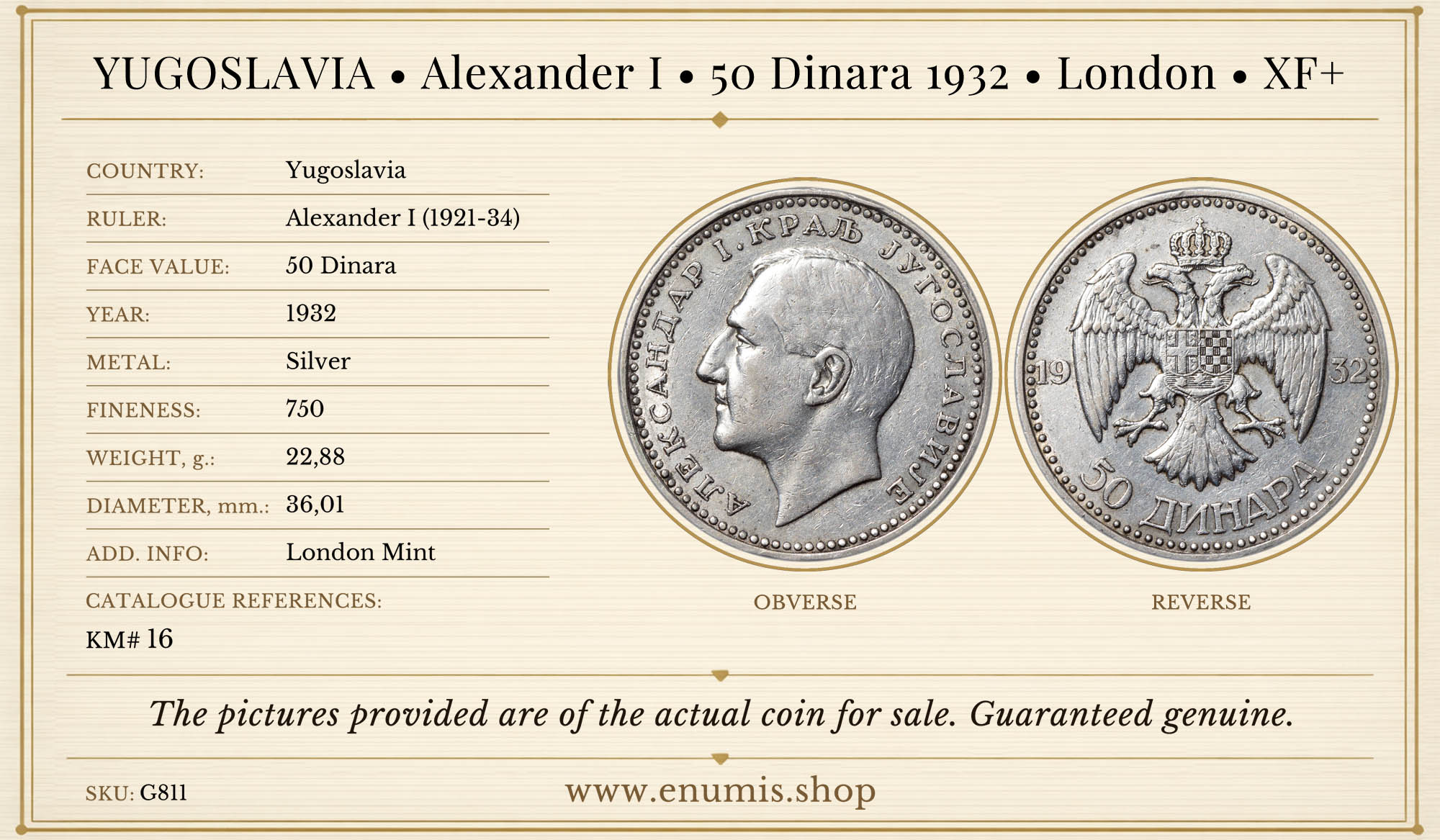 Yugoslavia, Alexander I, 50 Dinara 1932, London, XF+ Yugoslavia, Alexander I, 50 Dinara 1932, London, XF+