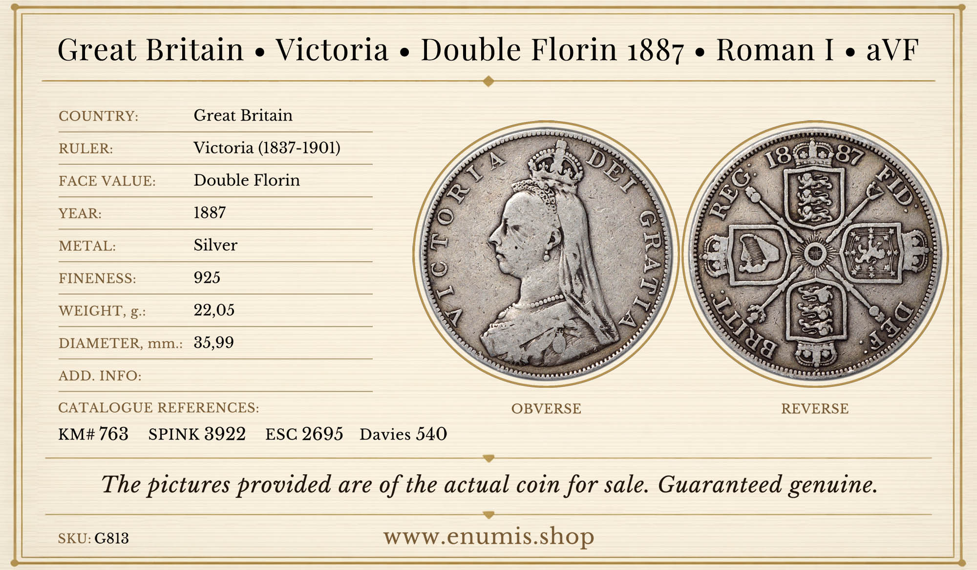 Great Britain, Victoria, Double Florin 1887, Roman I, aVF