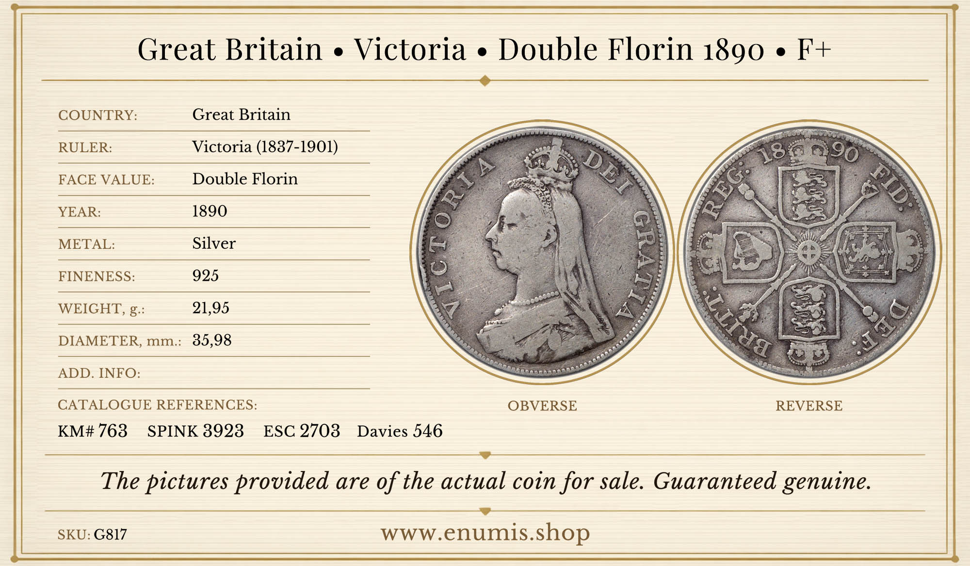 Great Britain, Victoria, Double Florin 1890, F+