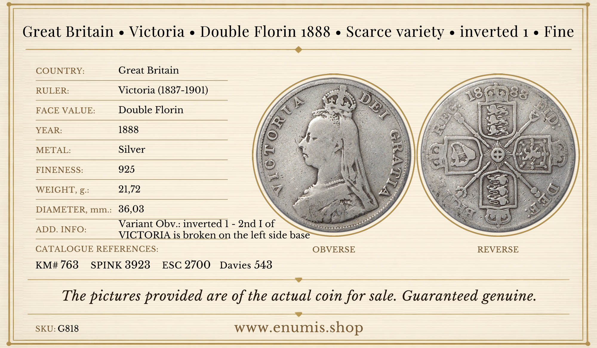 Great Britain, Victoria, Double Florin 1888, Scarce variety, inverted 1, Fine