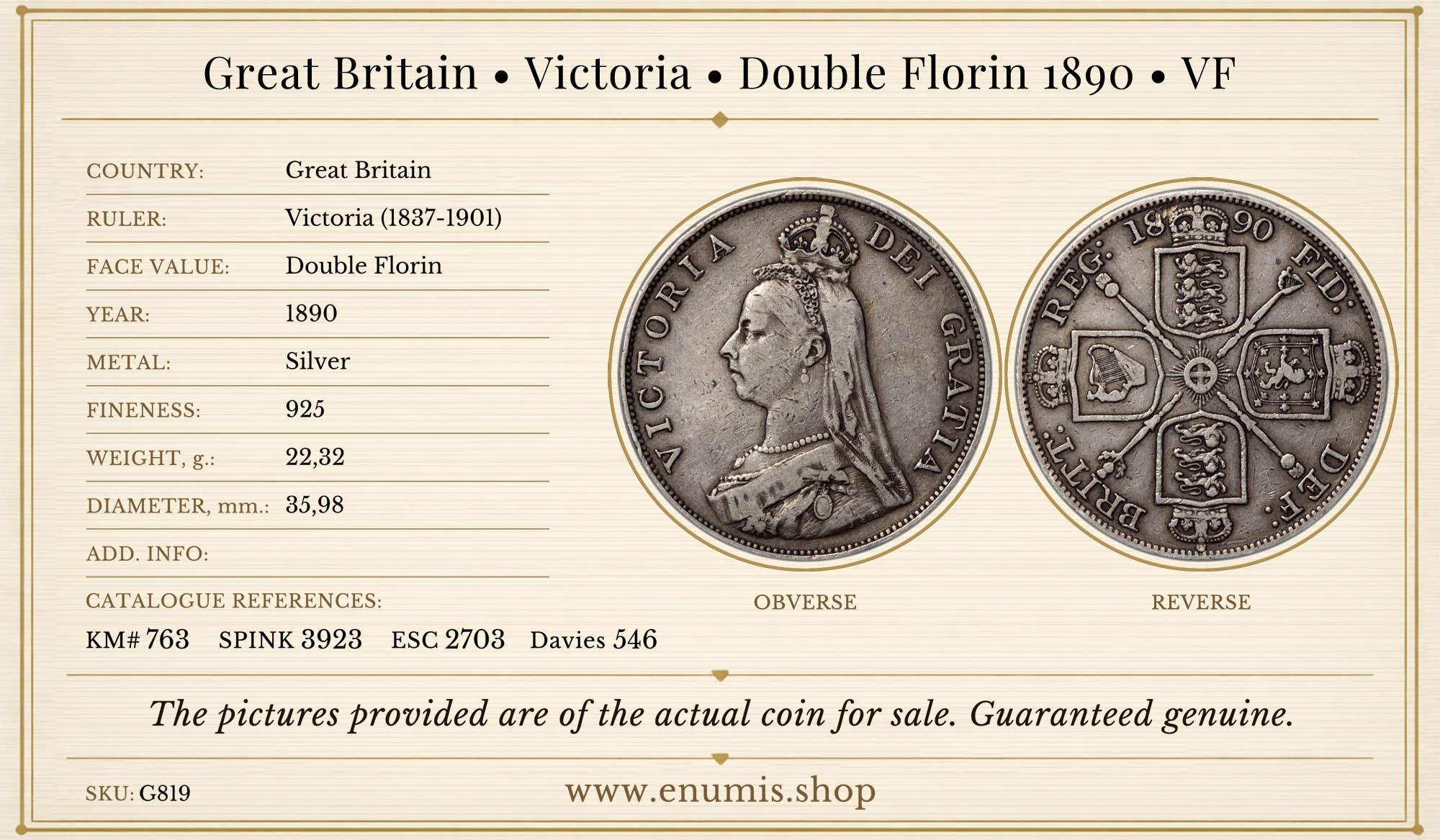 Great Britain, Victoria, Double Florin 1890, VF
