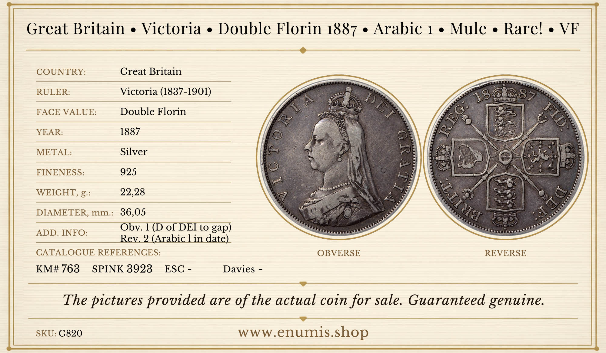 Great Britain, Victoria, Double Florin 1887, Arabic 1, Mule, Rare!, VF