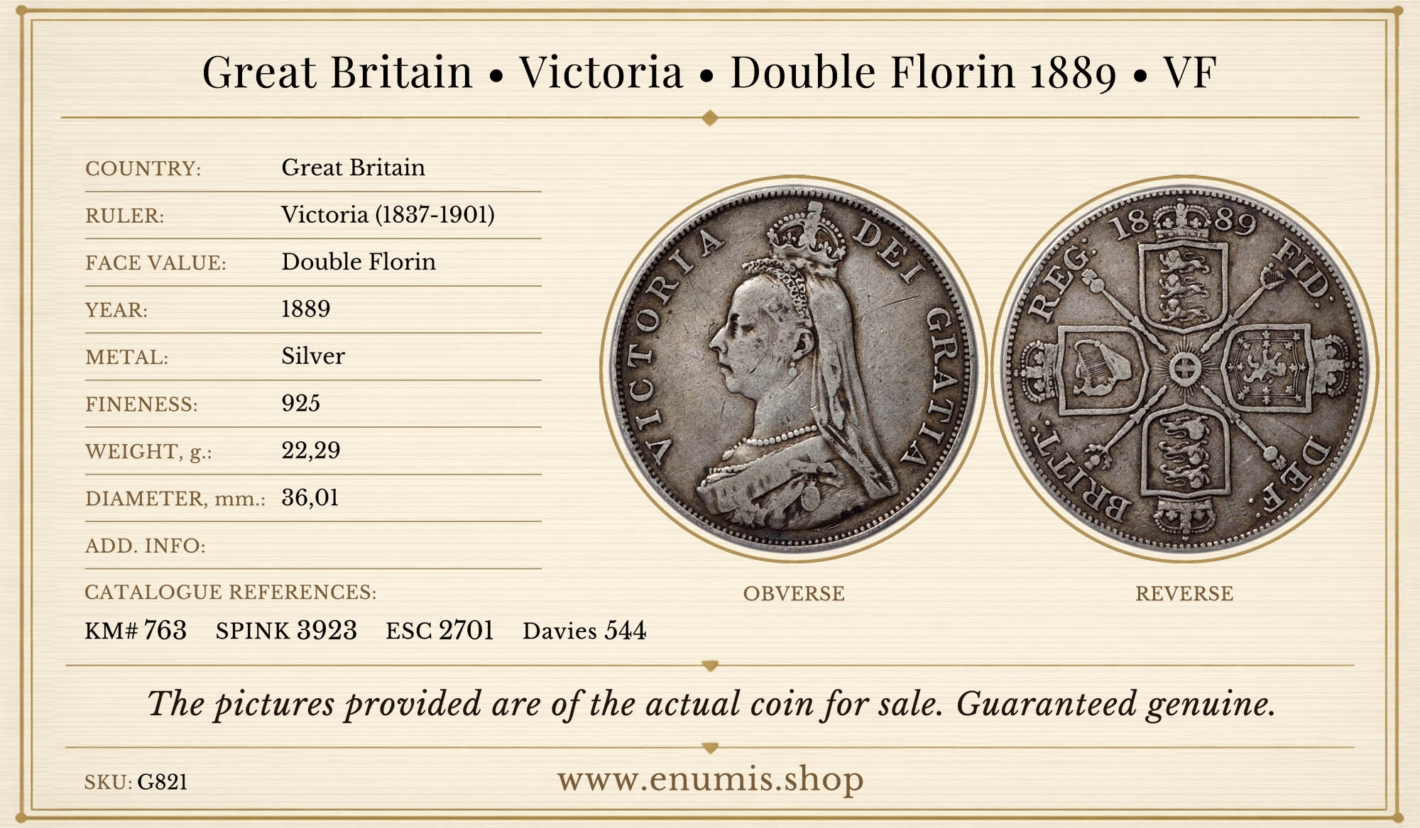 Great Britain, Victoria, Double Florin 1889, VF
