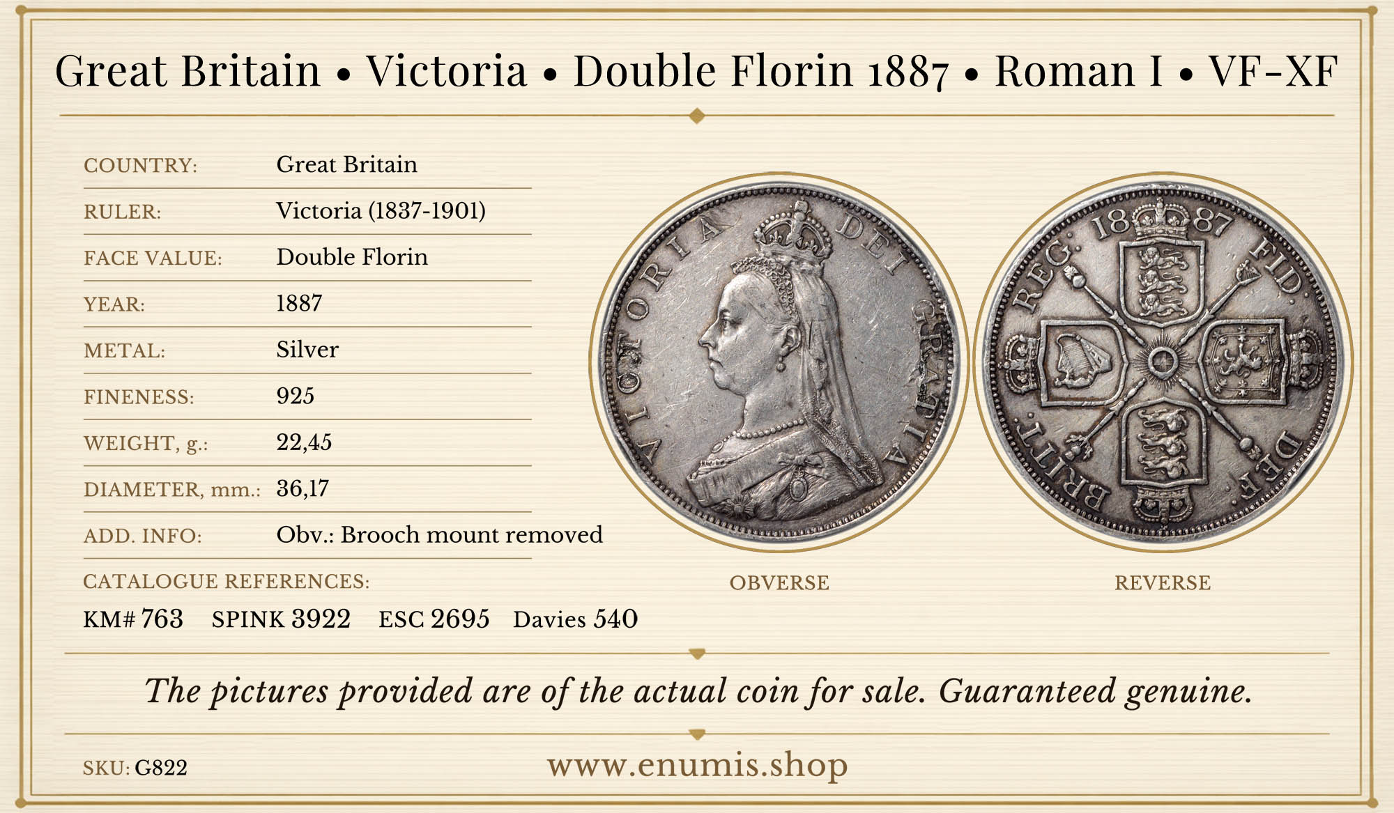 Great Britain, Victoria, Double Florin 1887, Roman I, VF-XF