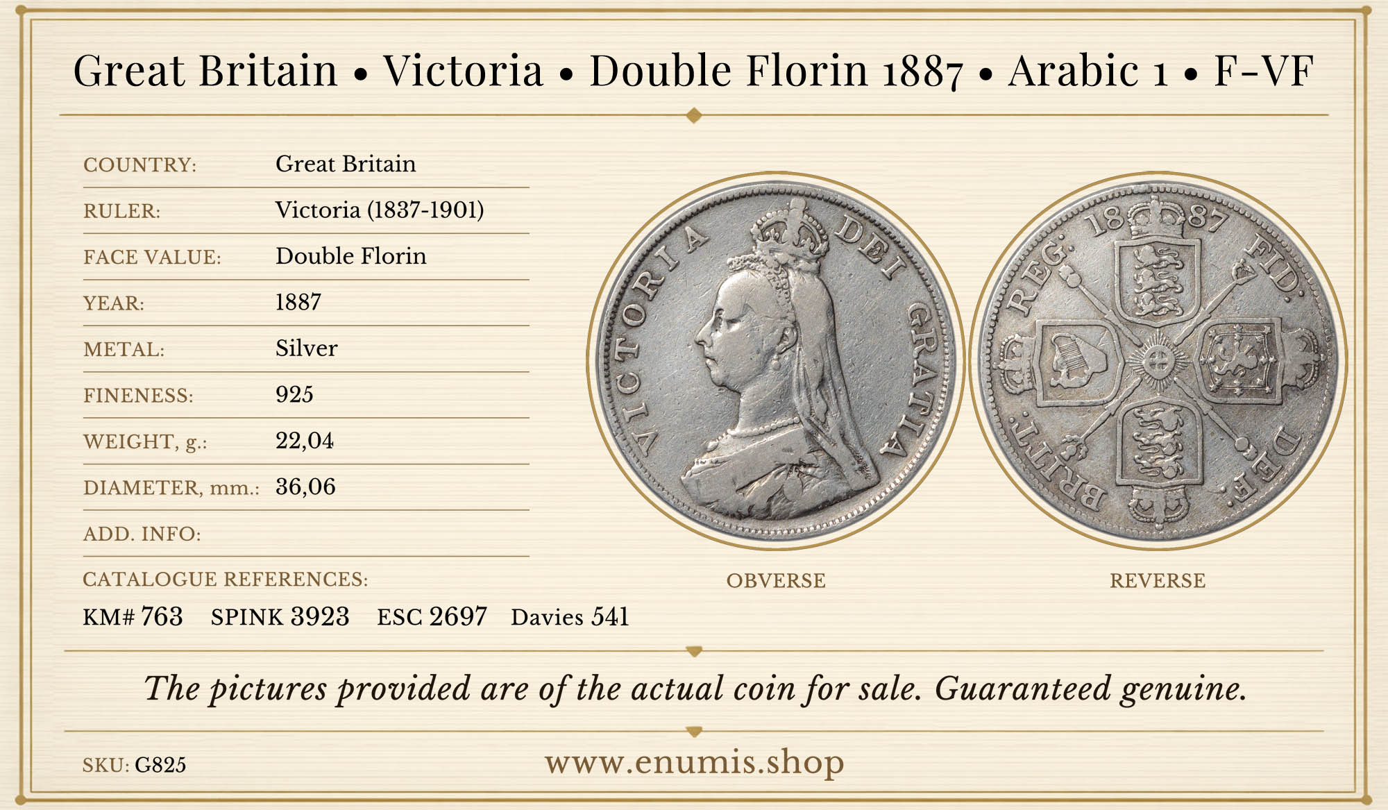 Great Britain, Victoria, Double Florin 1887, Arabic 1, F-VF