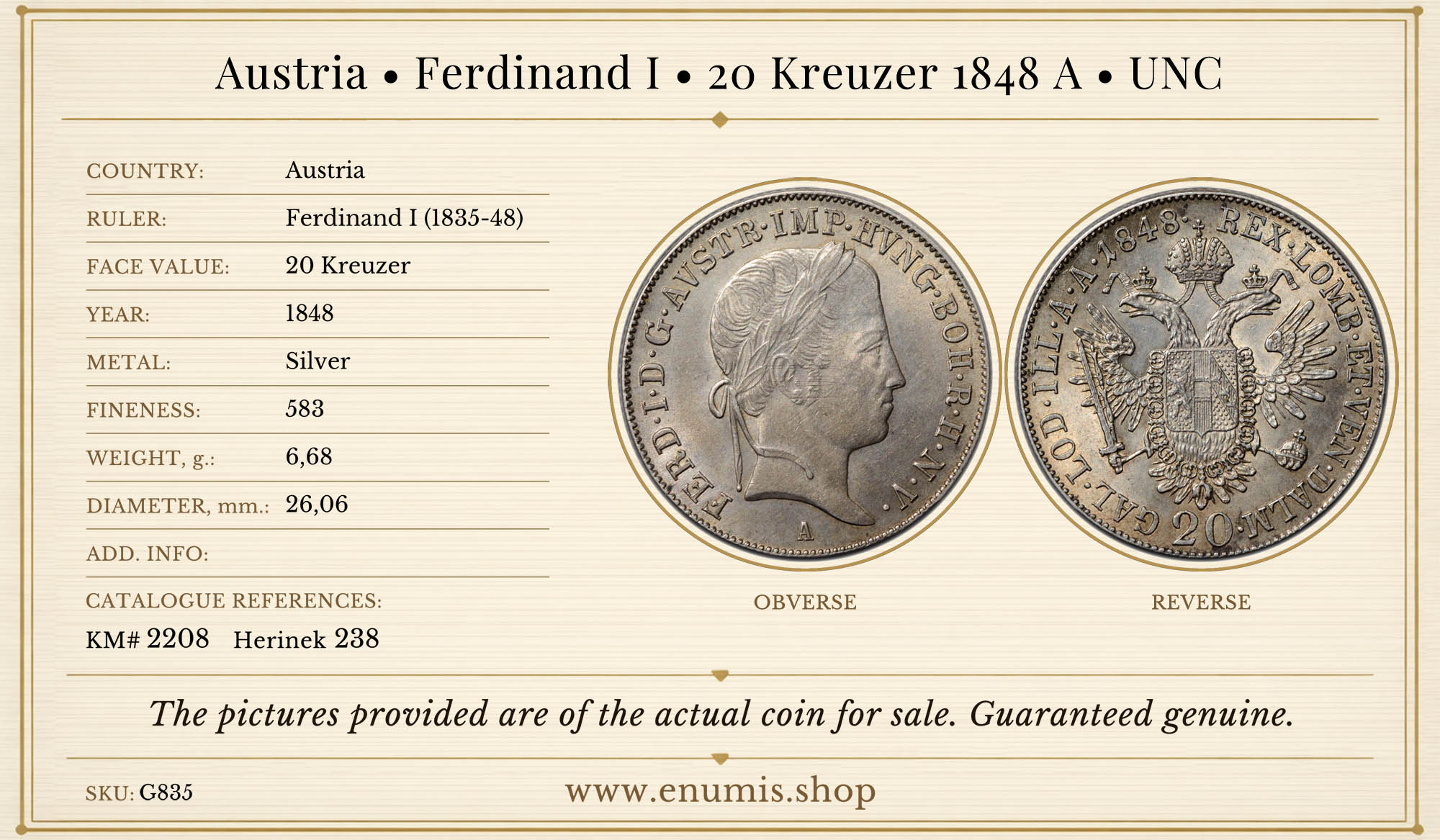 Austria, Ferdinand I, 20 Kreuzer 1848 A, UNC