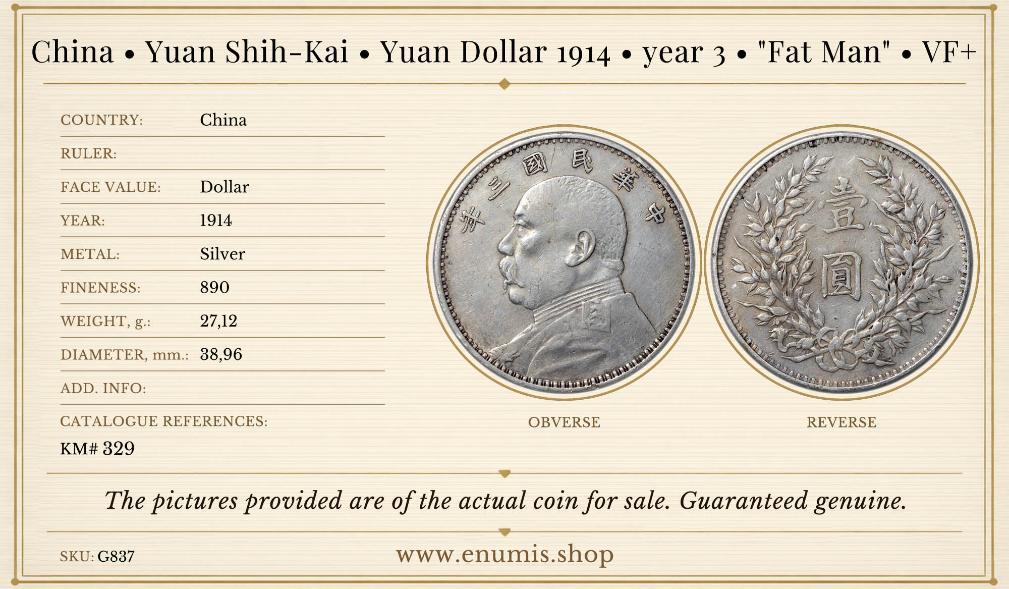 China, Yuan Shih-Kai, Yuan Dollar 1914, year 3, "Fat Man", VF+