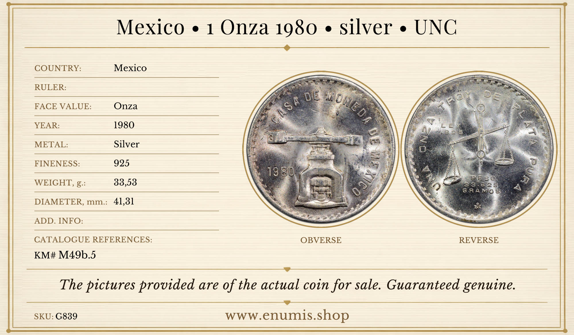 Mexico, 1 Onza 1980, silver, UNC