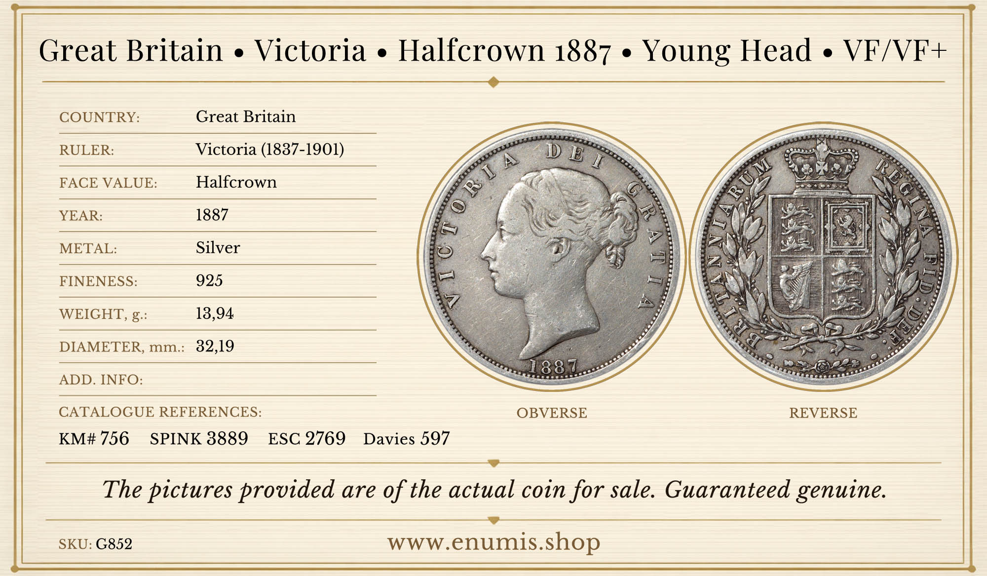 Great Britain, Victoria, Halfcrown 1887, Young Head, VF/VF+ Great Britain, Victoria, Halfcrown 1887, Young Head, VF/VF+