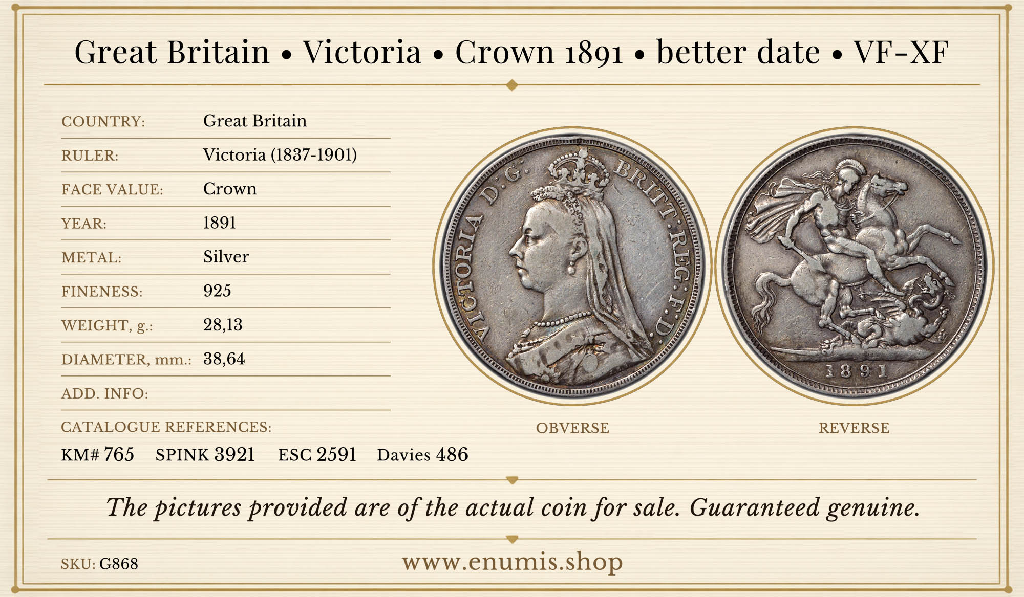 Great Britain, Victoria, Crown 1891, better date, VF-XF