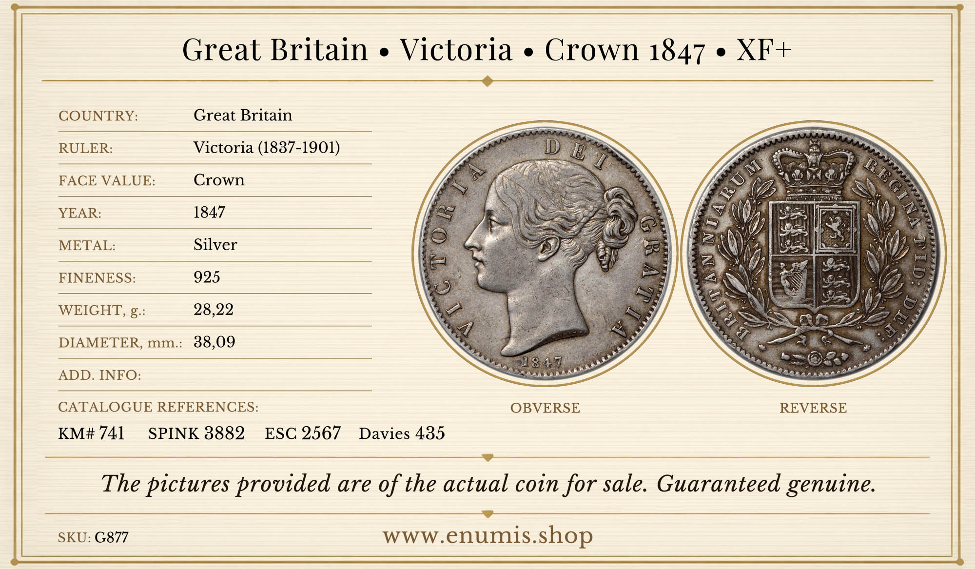 Great Britain, Victoria, Crown 1847, XF+