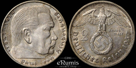 Germany, Third Reich, 2 Mark 1937 F, Stuttgart, Swastika, UNC