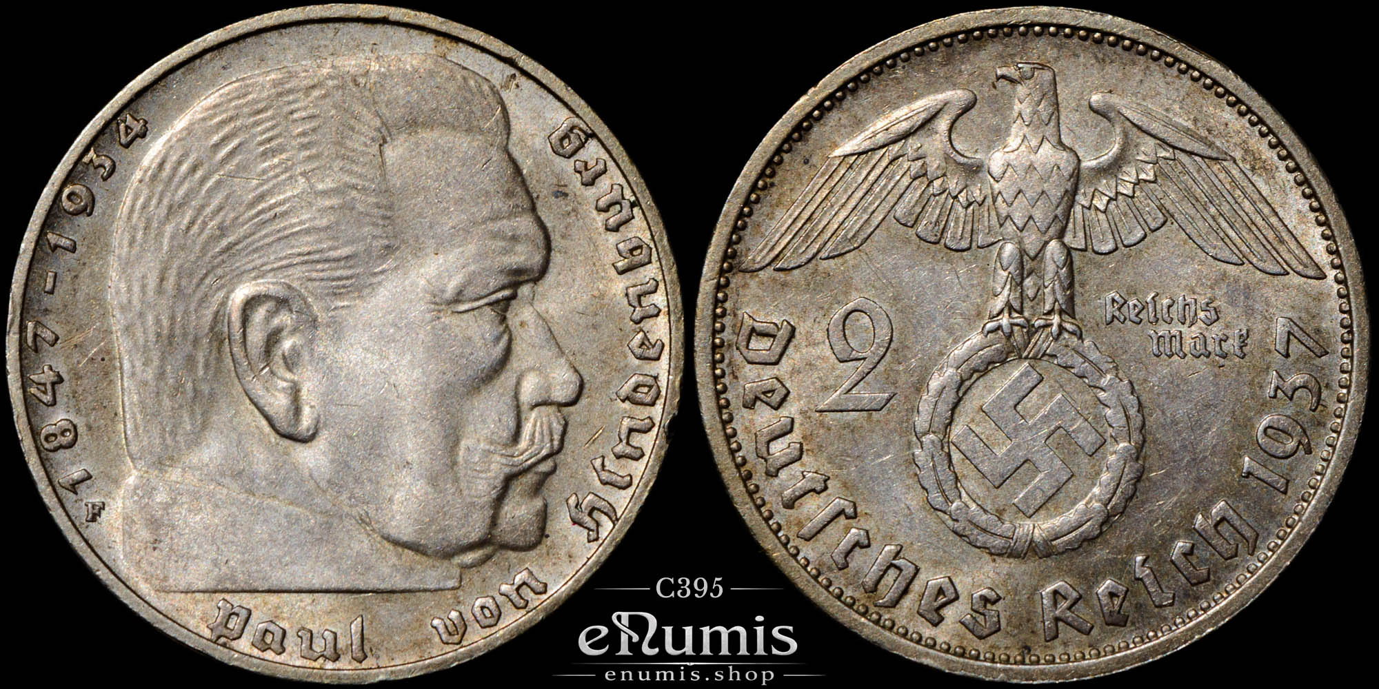 Germany, Third Reich, 2 Mark 1937 F, Stuttgart, Swastika, UNC