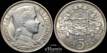 Latvia, 5 Lati 1932, silver, better year, UNC