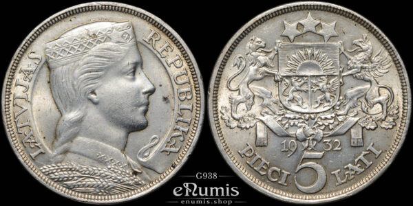 Latvia, 5 Lati 1932, silver, better year, UNC • eNumis