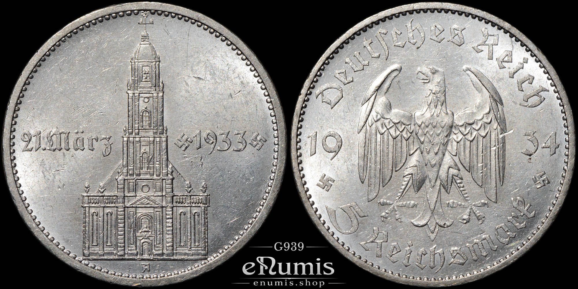 Germany, Third Reich, 5 Mark 1934 A, Garrison Church with date, UNC