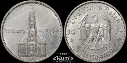 Germany, Third Reich, 5 Mark 1934 A, Garrison Church with date, aUNC