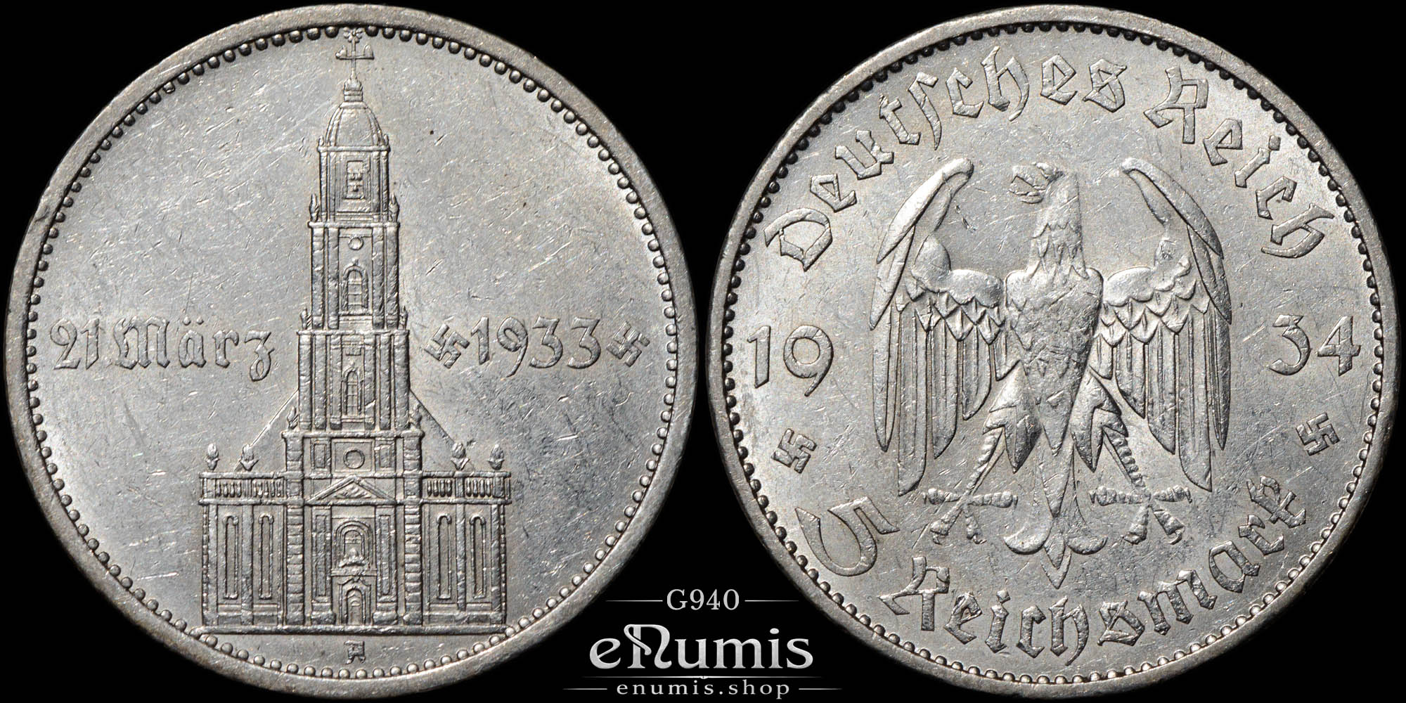 Germany, Third Reich, 5 Mark 1934 A, Garrison Church with date, aUNC