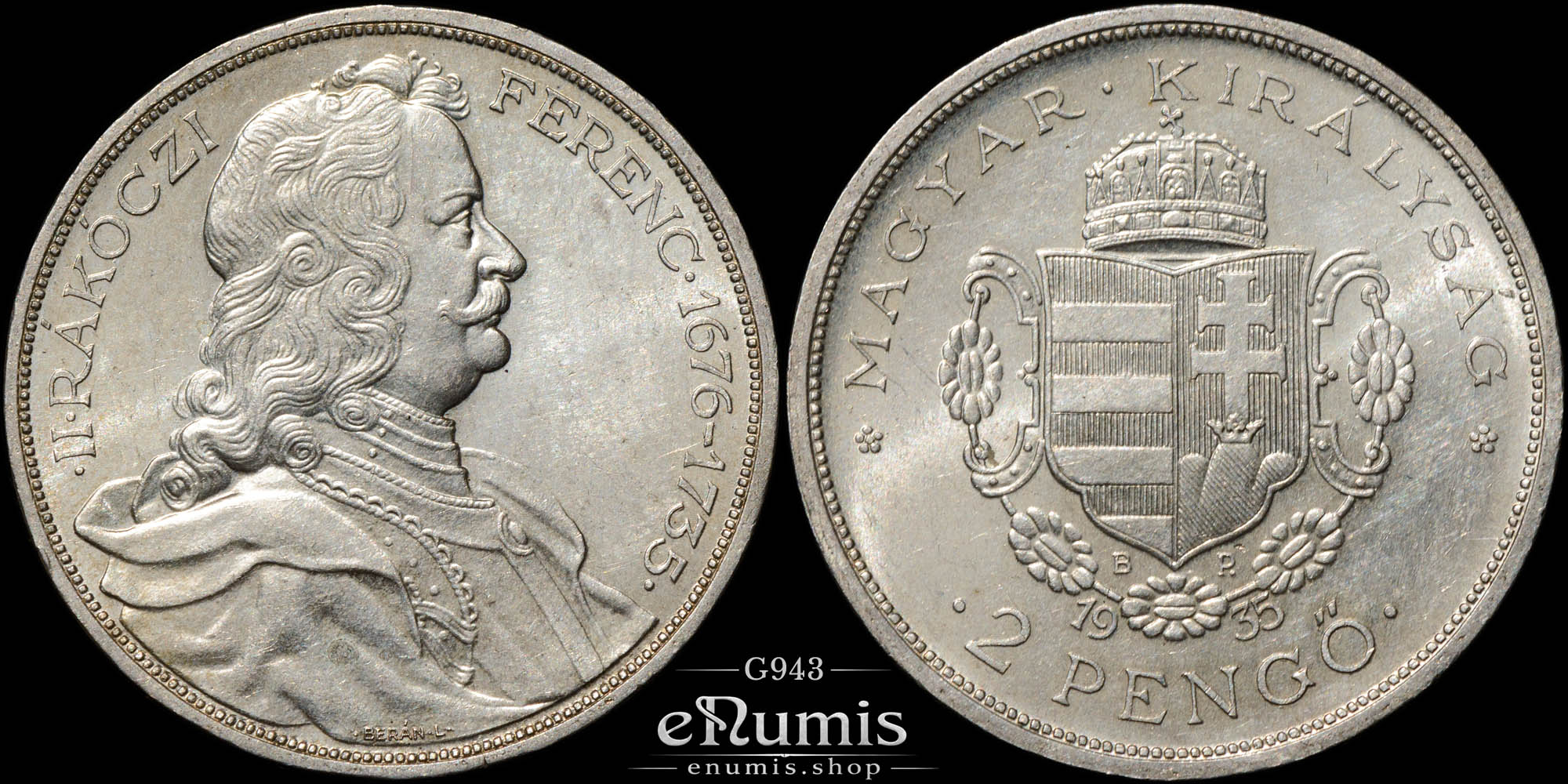 Hungary, 2 Pengo 1935, Bicentennial - Death of Rakoczi, UNC
