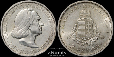 Hungary, 2 Pengo 1936, silver, 50th Anniversary - Death of Franz Liszt, UNC