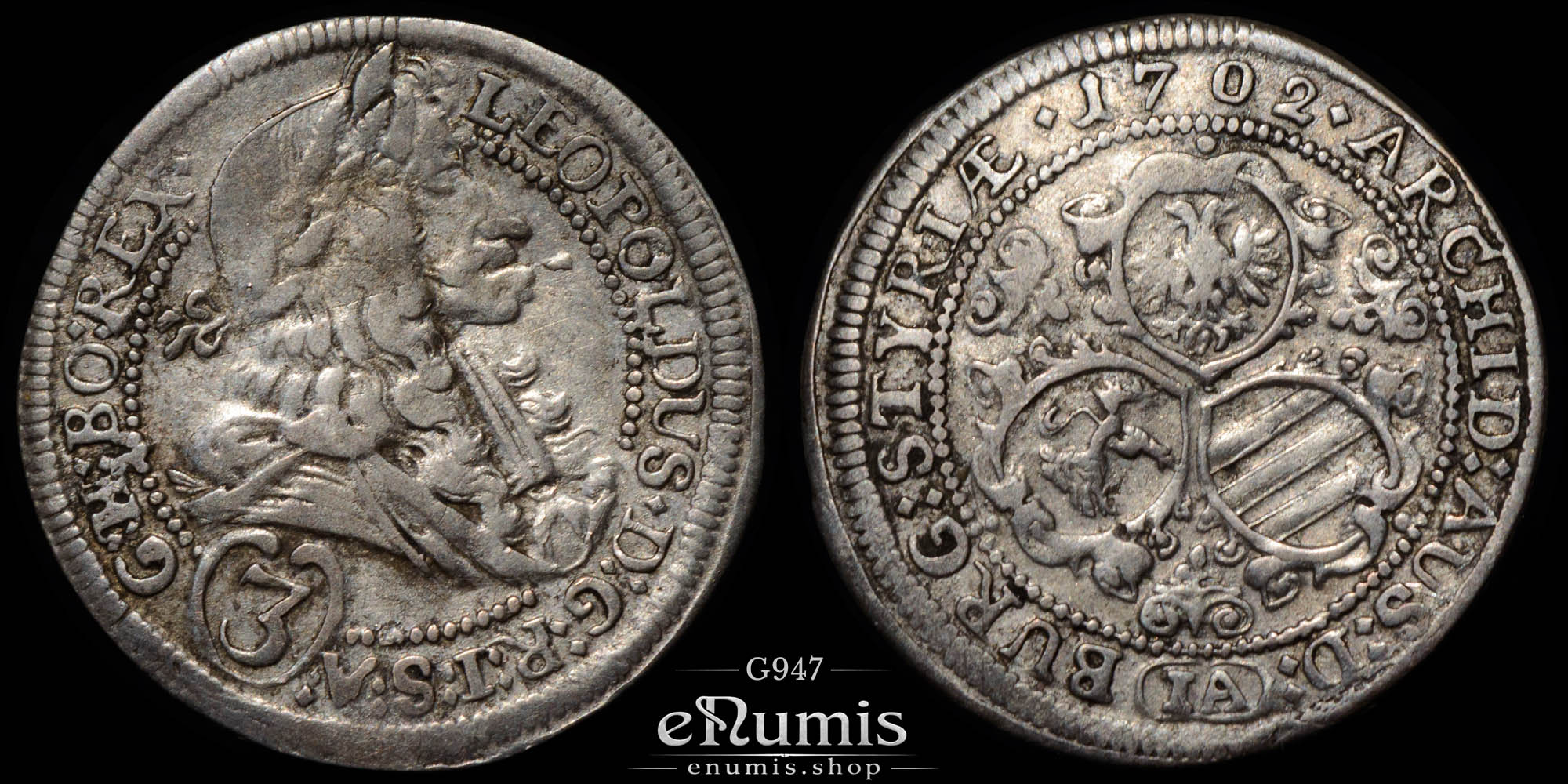 Austria, Leopold I, 3 Kreuzer 1702 IA, Graz, XF