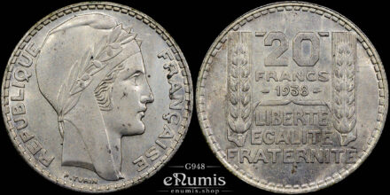 France, Third Republic, 20 Francs 1938, Turin, silver, UNC
