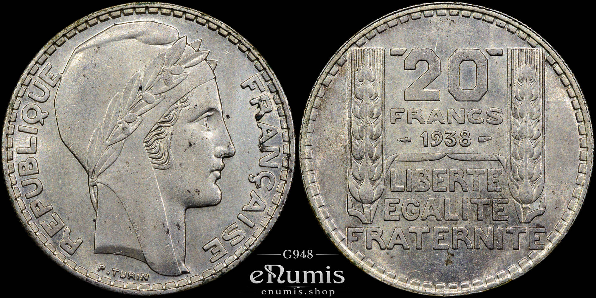 France, Third Republic, 20 Francs 1938, Turin, silver, UNC