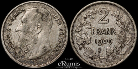 Belgium, Leopold II, 2 Francs 1909, der Belgen, aXF