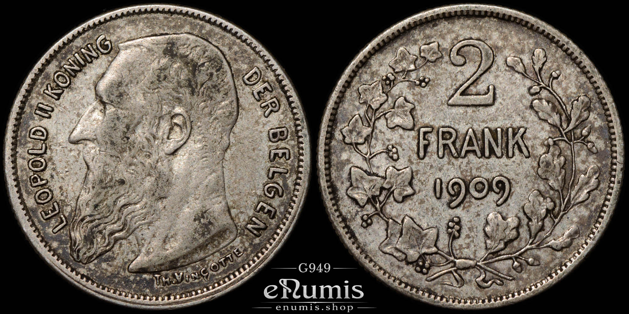 Belgium, Leopold II, 2 Francs 1909, der Belgen, aXF Belgium, Leopold II, 2 Francs 1909, der Belgen, aXF