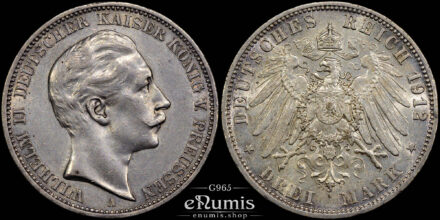 Germany, Prussia, Wilhelm II, 3 Mark 1912, aUNC