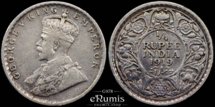 India, George V, 1/4 Rupee 1919, Calcutta, VF-XF