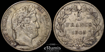 France, Louis Philippe, 5 Francs 1845 W, Lille, VF
