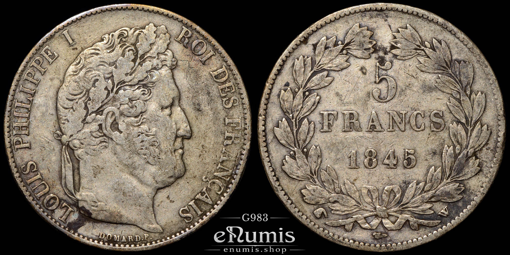 France, Louis Philippe, 5 Francs 1845 W, Lille, VF
