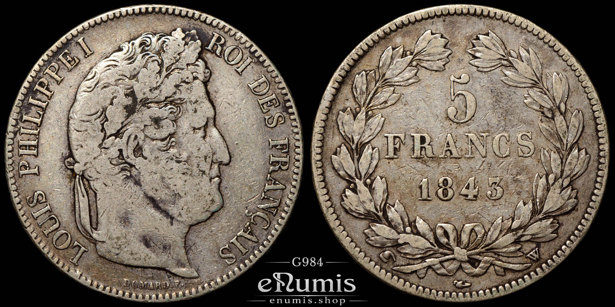 France, Louis Philippe, 5 Francs 1843 W, Lille, VF