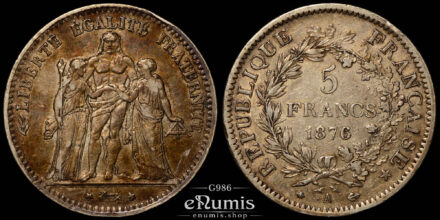 France, Third Republic, 5 Francs 1876 A, Paris, Toned, aXF