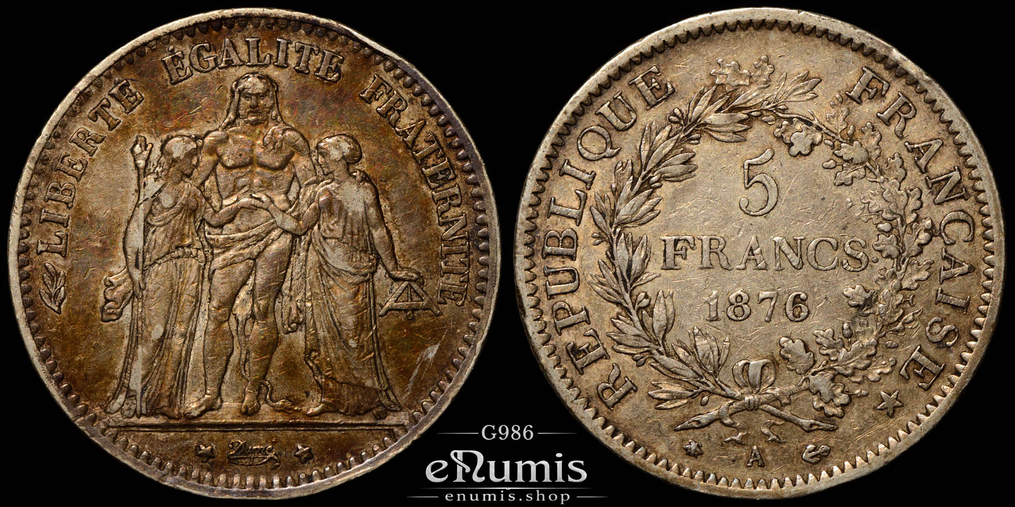 France, Third Republic, 5 Francs 1876 A, Paris, Toned, aXF