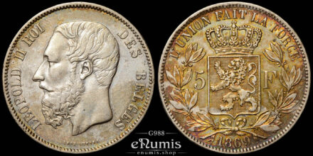 Belgium, Leopold II, 5 Francs 1869, scarce variant, XF-UNC