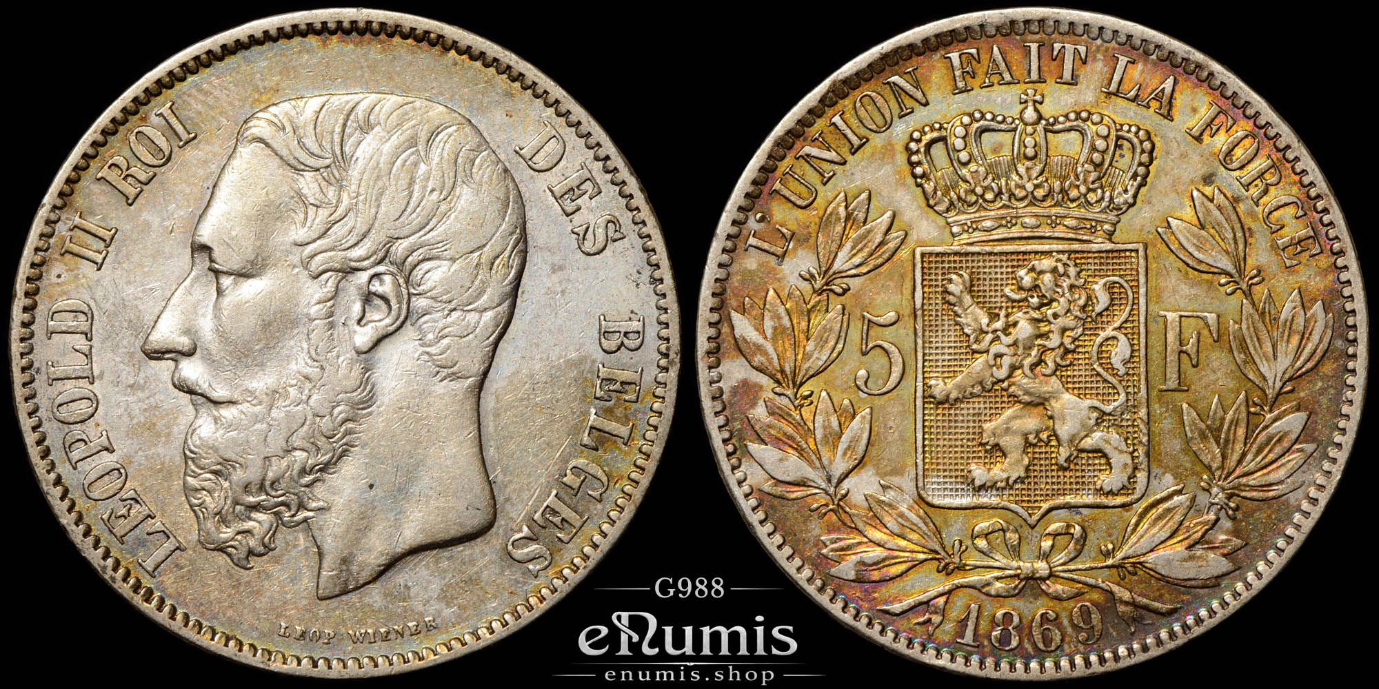Belgium, Leopold II, 5 Francs 1869, scarce variant, XF-UNC