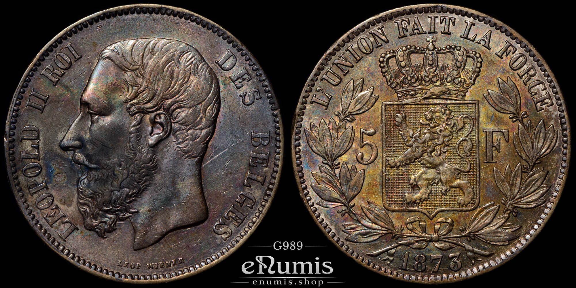 Belgium, Leopold II, 5 Francs 1873, XF+ Belgium, Leopold II, 5 Francs 1873, XF+