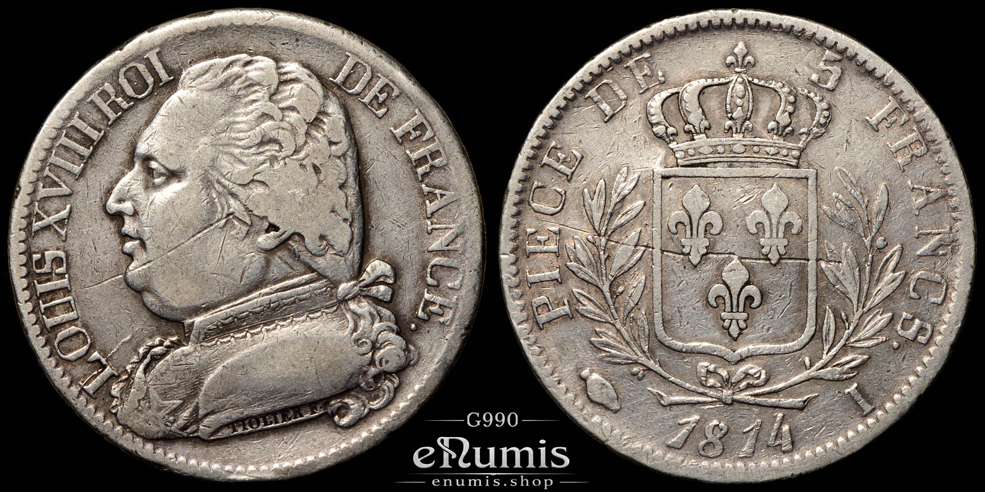France, Louis XVIII, 5 Francs 1814 I, Limoges, VF+
