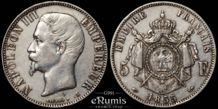 France, Napoleon III, 5 Francs 1855 A, Paris, XF