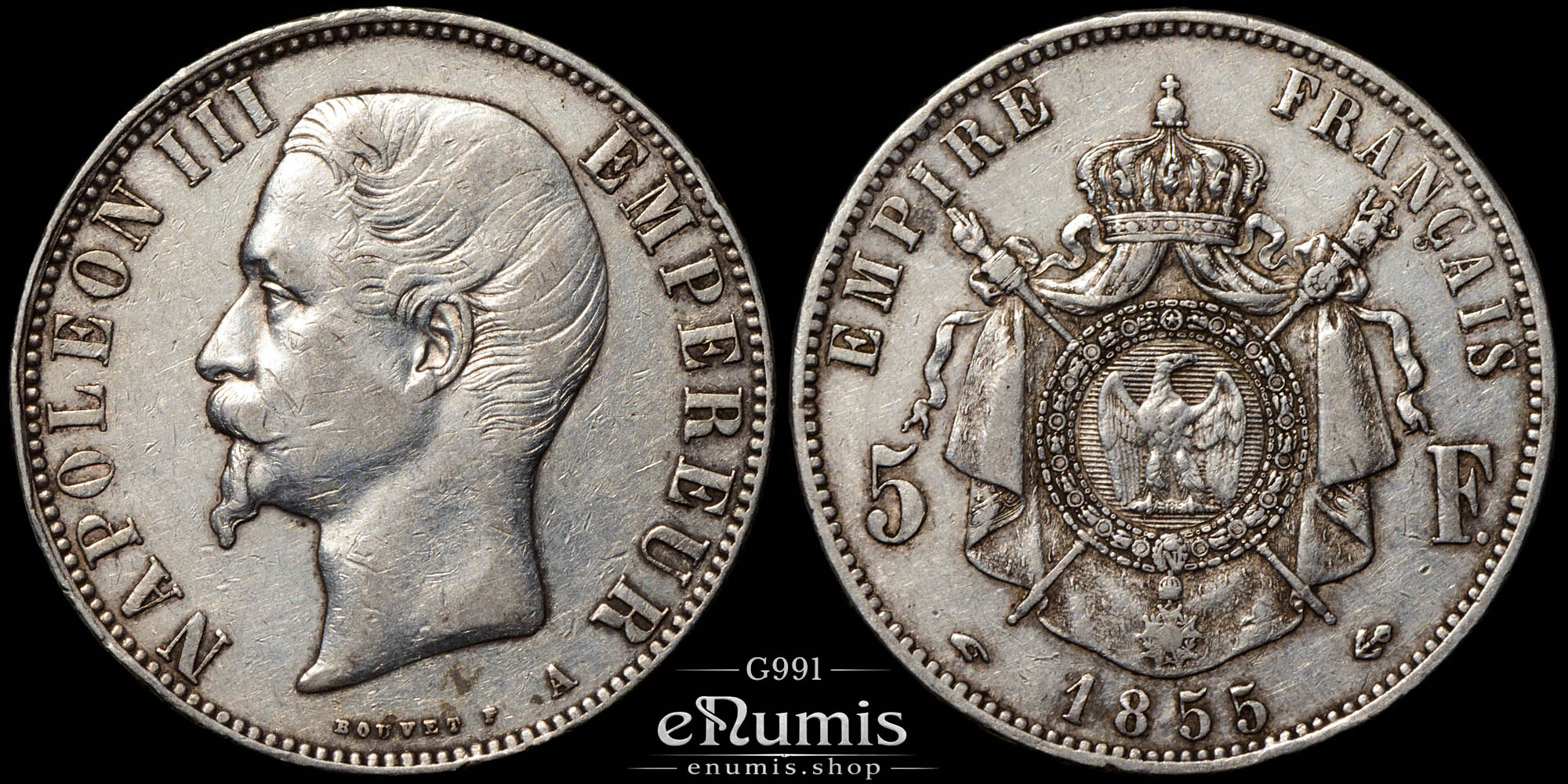 France, Napoleon III, 5 Francs 1855 A, Paris, XF