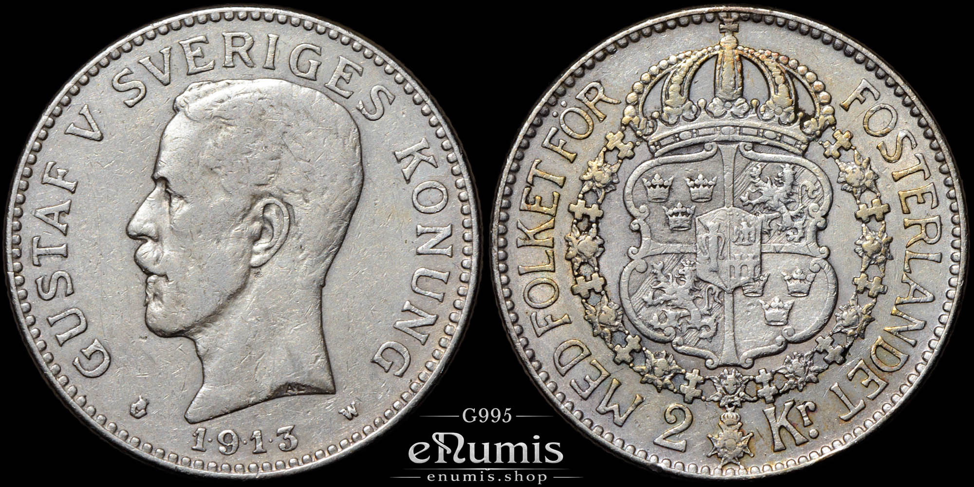 Sweden, Gustaf V, 2 Kronor 1913, VF Sweden, Gustaf V, 2 Kronor 1913, VF