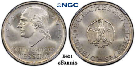 Germany, Weimar Republic, 5 Mark 1929 A, Lessing, NGC MS 66