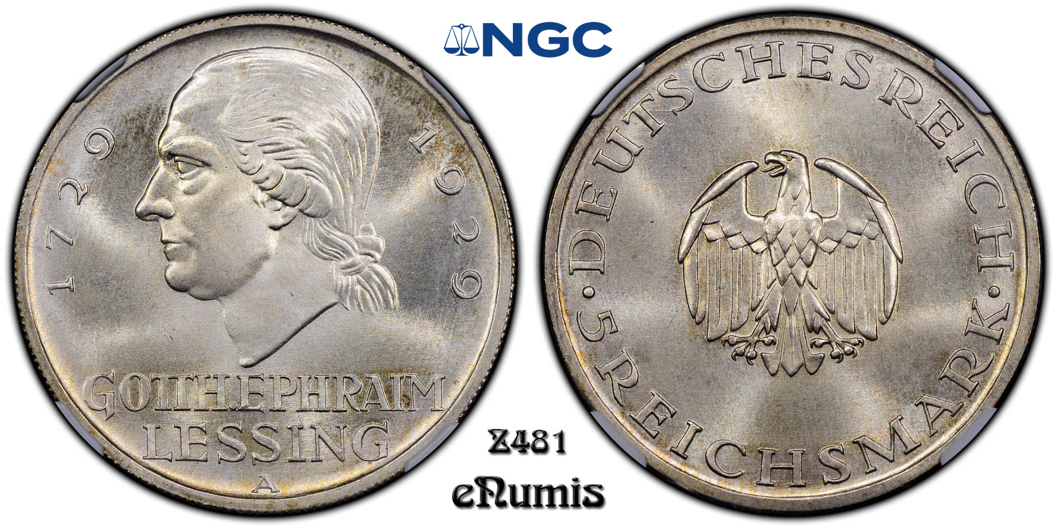 Germany, Weimar Republic, 5 Mark 1929 A, Lessing, NGC MS 66 Germany, Weimar Republic, 5 Mark 1929 A, Lessing, NGC MS 66
